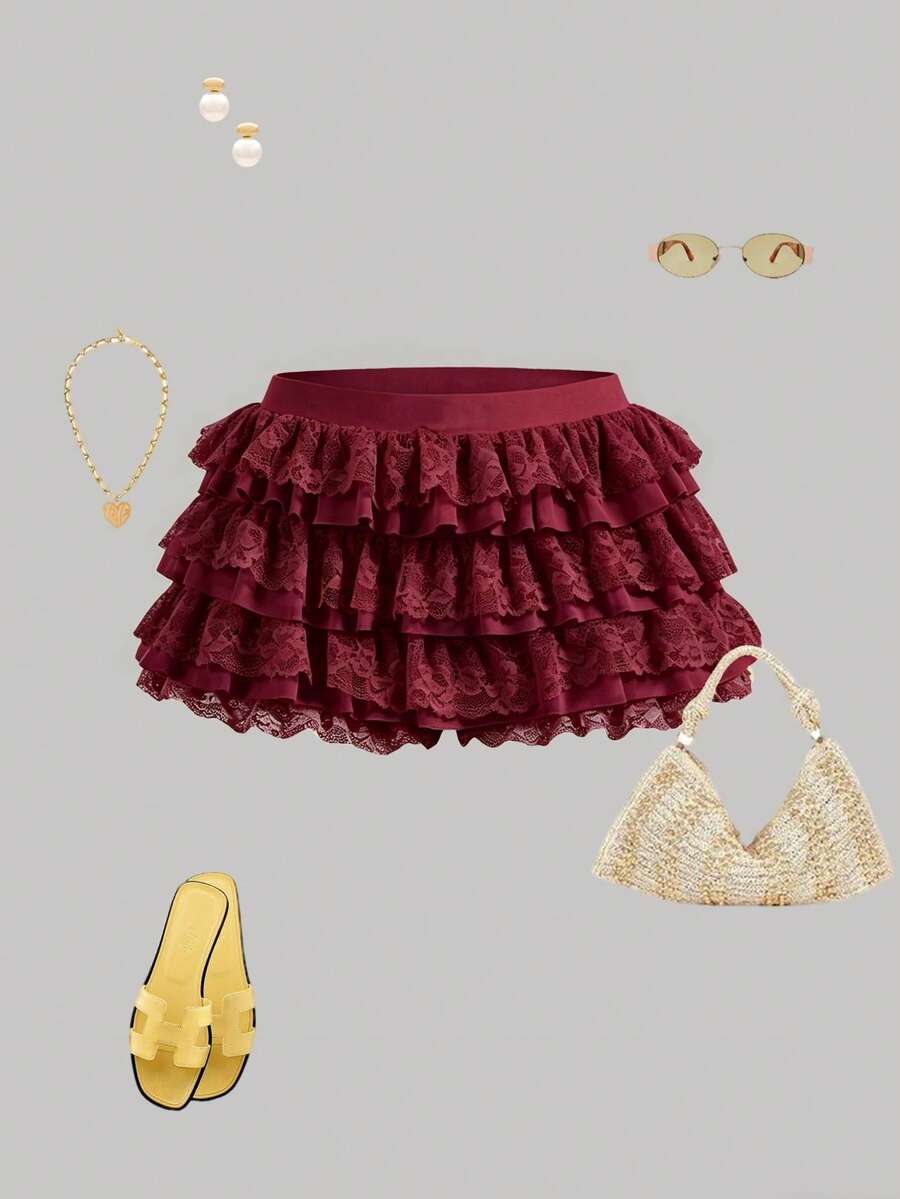 EMERY ROSE Women's Ruffled Lace Lantern Shorts, Elastic Waist With Cute Bow Front Layered Bottom - Burgundy - View 1
