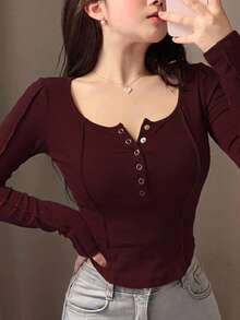 DAZY Solid Button Front Curved Hem Tee,Fall Clothes Long Sleeve Women Tops - Burgundy - View 4