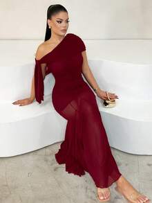 Dayanna Comas 女款純色極簡休閒不對稱領綁帶洋裝，婚禮賓客禮服，情人節優雅夏季穿搭 - 酒紅色 - 查看 6