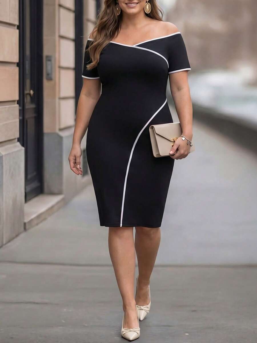 Velvienne Sexy Retro Black & White Elegant Off-Shoulder Plus Size Dress For Commuting - Black and White - View 1
