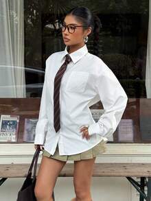 Muchica Women's White Waist Cinching Long Sleeve Shirt With Necktie - White - View 4