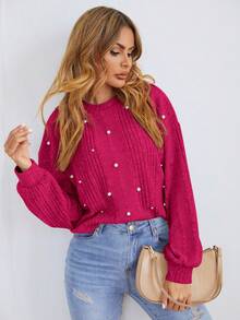 Easowa Pearls Detail Rib Knit Tee,Casual - Hot Pink - View 7