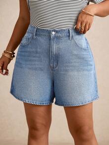 Elaquor Plus Size Women Pocketed Button Casual Versatile Daily Wear Denim Shorts - Light Wash - View 4