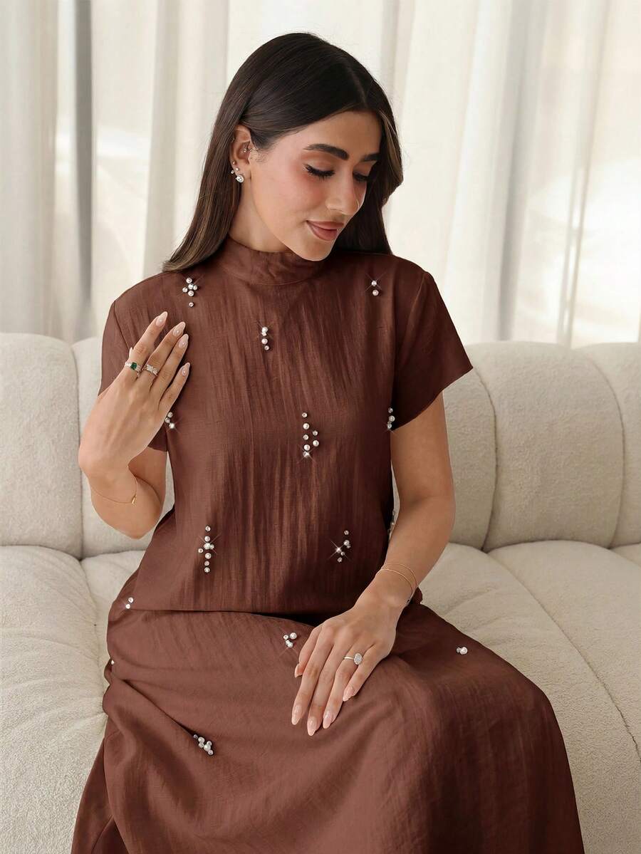 Al Najma Women's Solid Color Faux Pearl Collar Elegant Short Sleeve Arabic Style Dress - Coffee Brown - View 1