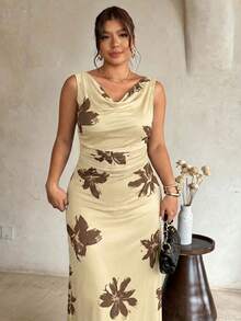 Firerie Vestido de vacaciones con estampado floral elegante, sin mangas, ajustado y con dobladillo de sirena para mujer de talla grande - Albaricoque - Ver 1