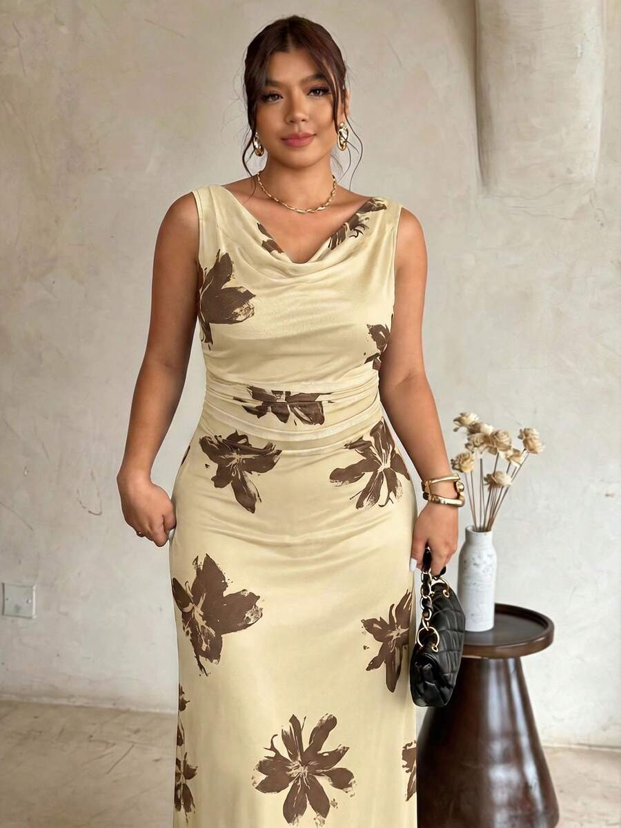 Firerie Vestido de vacaciones con estampado floral elegante, sin mangas, ajustado y con dobladillo de sirena para mujer de talla grande - Albaricoque - Ver 1