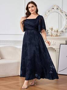 Reflora Plus Size Women's Square Neck Ruffle Sleeve Elegant Dress - Navy Blue - View 5