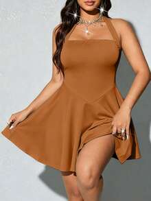 Viva Relle Plus Size Women's Fashionable Halter Neck Ruffle Hem Dress - Khaki - View 3