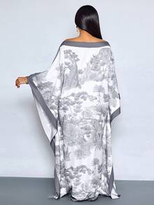 SOLERSUN 女士优雅披肩印花长款连衣裙，露肩沙滩轻盈度假晚礼服，优雅米色印花披肩式长款连衣裙，露肩正式鸡尾酒会礼服 - 灰色 - 查看 6