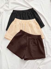 Set de 3 pantalones cortos de lino de colores múltiples tejidos de moda para mujer en verano, atuendos de verano para mujer, ropa de verano, Coachella, atuendos de festival para mujer - Marrón - Ver 5