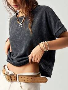 Bohemela Casual Solid Color Knit Round Neck Short Sleeve Loose Butterfly Cutout Back Women T-Shirt - Black - View 5