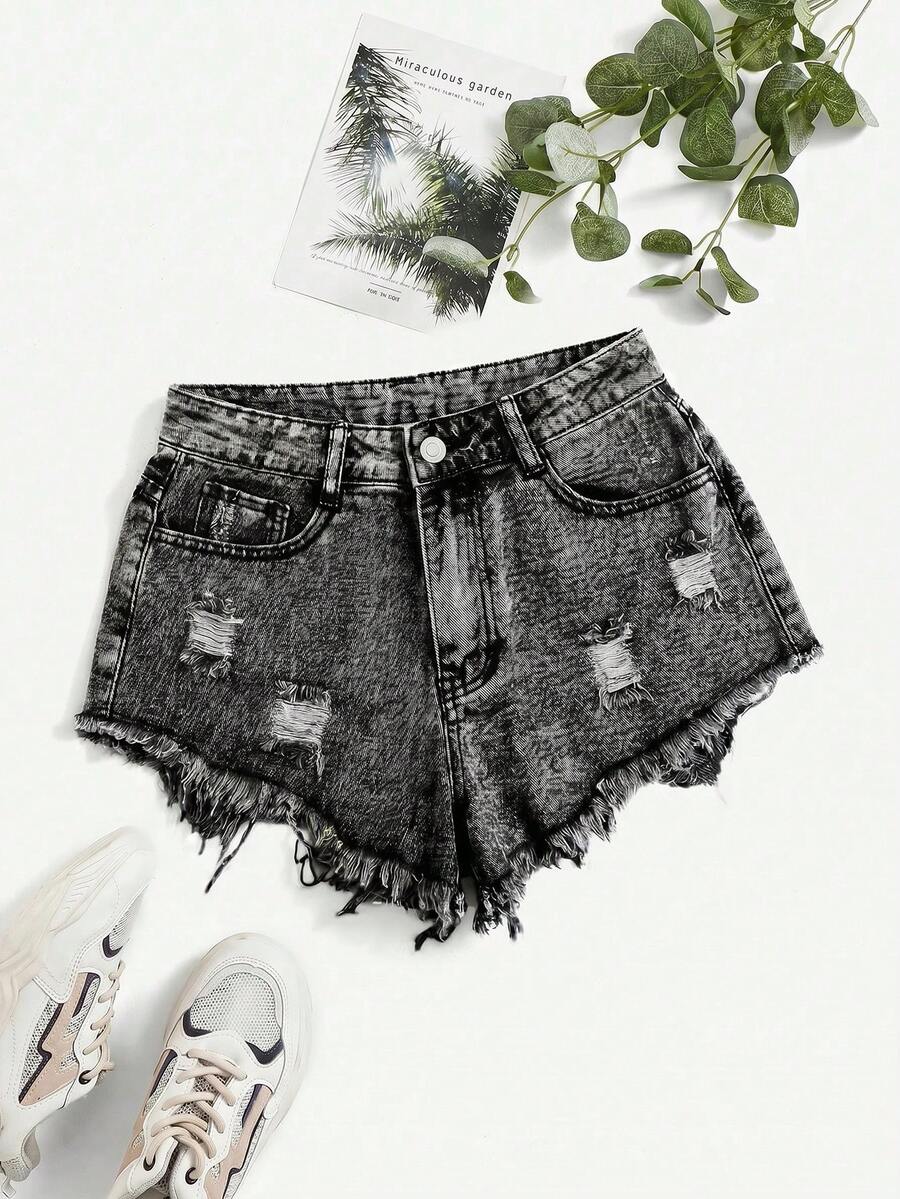 Pantalones cortos de mezclilla sencillos y lisos para uso diario en tallas grandes - Gris Claro - Ver 1