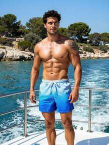 Manfinity KASUA Men's Gradient Color Anchor Striped Print Drawstring Waist Beach Shorts, Holiday - Royal Blue - View 8