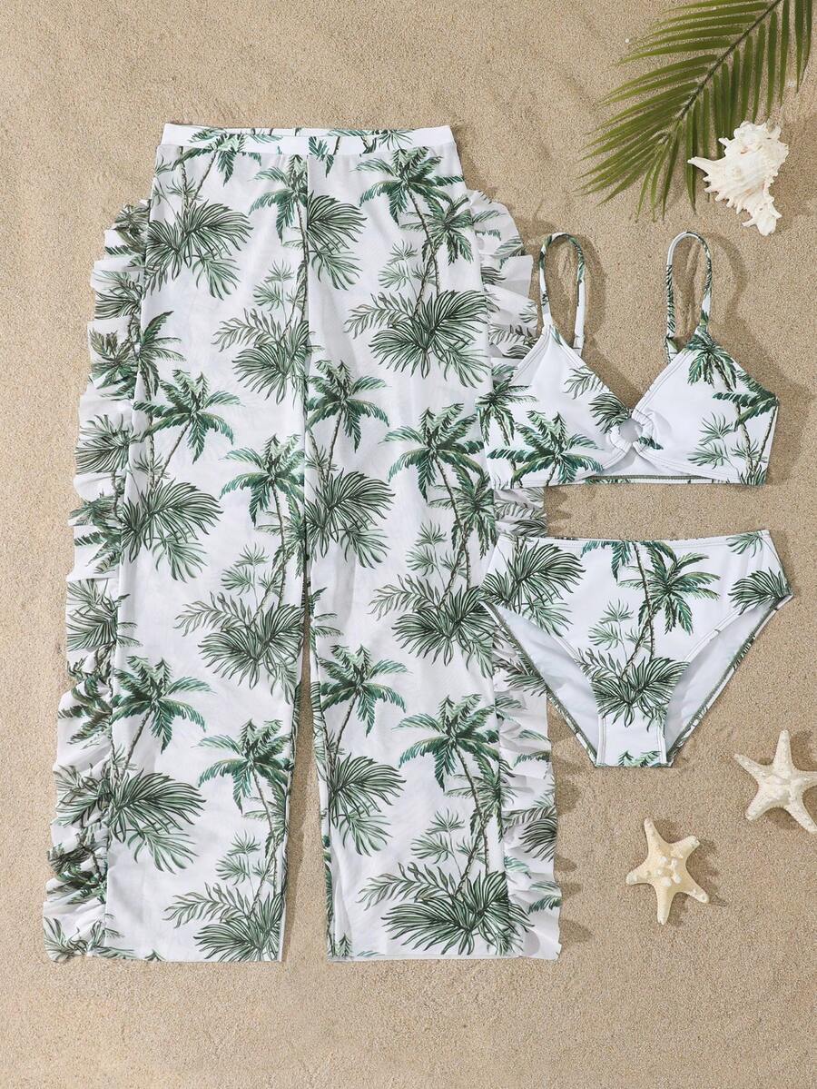 SHEIN Tween Girl Pink Lily Print Split Swimwear With Mesh Wide Leg Pants 3pcs Set,Skin Friendly Quick Drying Spaghetti Strap Bikini For Summer Vacation - Multicolor - View 1