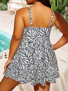 Swim Lushoire Plus Size Vacation Beach Floral Print Swim Skirt - Black and White - View 2