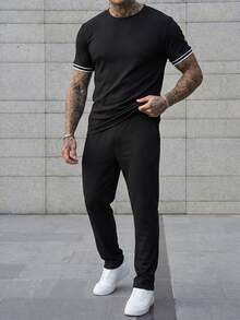 Manfinity CasualCool Men's Black Ribbed Knit 2 Piece Set,Short Sleeve T-Shirt & Pants Outfits,Casual Summer Holiday Old Money Style,Stylish Y2k Vintage Gift For Husband - Black - View 3