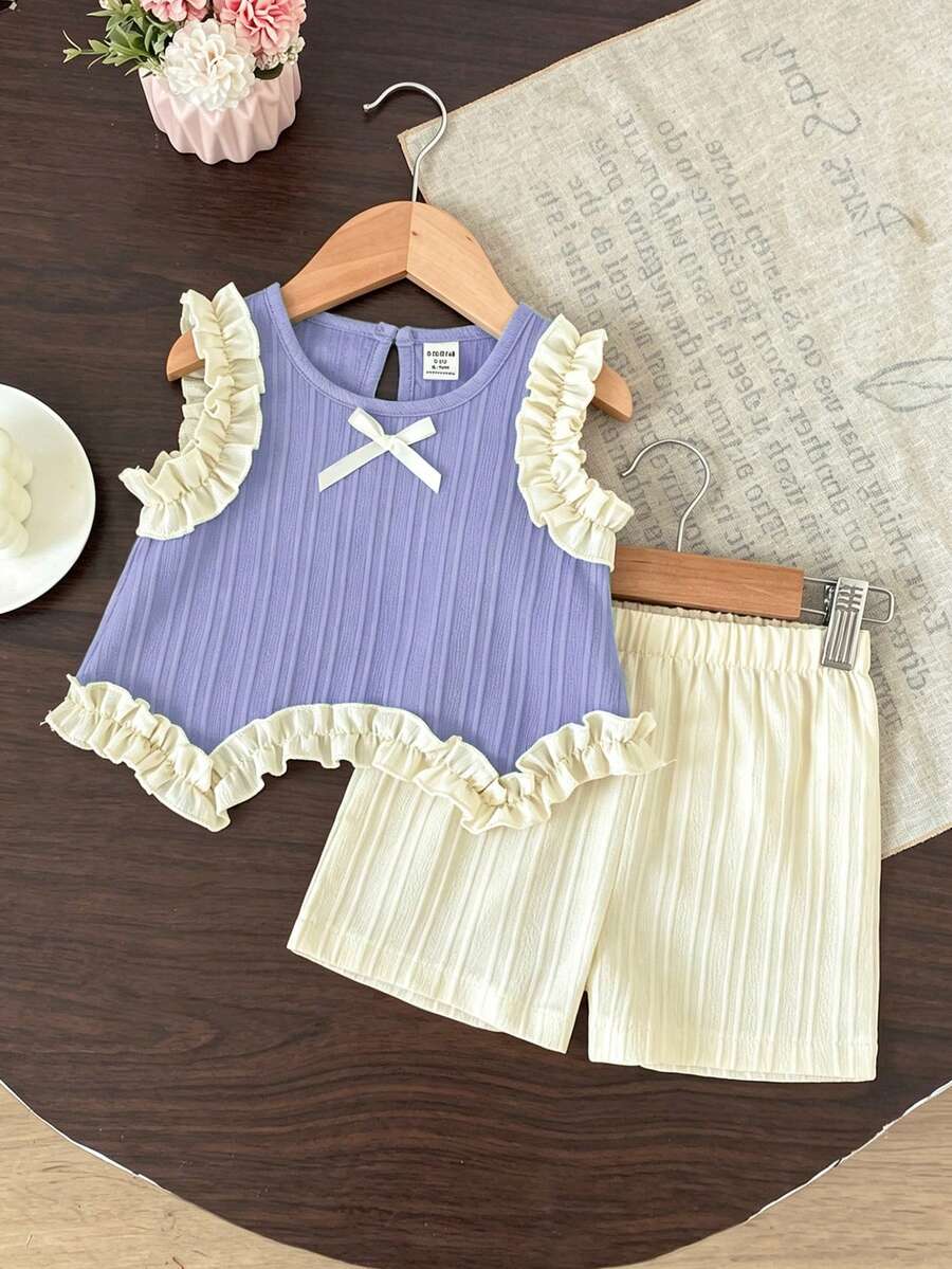 SHEIN Baby Girls' Light Green Ruffle Bow Vest Top Paired With Apricot Casual Shorts, Cute Outfit For Daily, Vacation, Commute - Purple - View 1