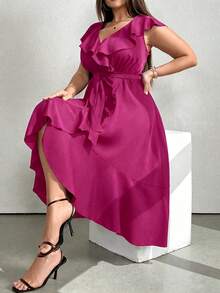 SHEIN Clasi Plus Size Solid Color V-Neck Ruffle Trim Party Dress Maxi Women Outfit - Hot Pink - View 5
