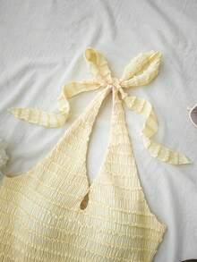 Kids Teen Girls Summer Casual Holiday Beach Vacation Strapless Off-Shoulder Backless Camisole Knit Striped Jacquard Mini Dress, Graduation, Yellow - Yellow - View 4