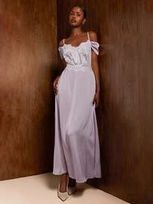 COSMINA Women's Contrast Lace Lilac Off-Shoulder Elegant Romantic Sexy Dress Bridesmaid Birthday Anniversary Wedding Golf Date Night Party Summer - Mauve Purple - View 1