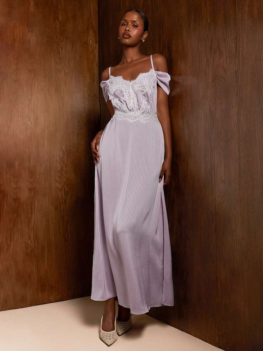 COSMINA Women's Contrast Lace Lilac Off-Shoulder Elegant Romantic Sexy Dress Bridesmaid Birthday Anniversary Wedding Golf Date Night Party Summer - Mauve Purple - View 1