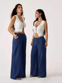 SHEIN PETITE Quần ống đứng lưng thấp 100% cotton đã giặt - Màu xanh hải quân - Xem 7