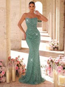Glamrae Elegant Luxurious Beaded Sequin Ruched Mermaid Hem Dress, Suitable For Weddings, Parties, Vacations, Galas, Formal Occasions (Heavily Embellished) - Green - View 6
