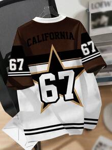 White Summer Streetwear School Back-To-School Tween Boy Loose Fit Short Sleeve T-Shirt,Y2K Sports Jersey,Classic College Number 67 Star Pattern Shirt - Multicolor - View 2