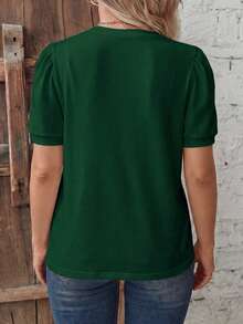 EMERY ROSE Casual Retro Basic Bubble Short Sleeve Crew Neck Olive Green Plus Size T-Shirt - Dark Green - View 2