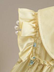 SHEIN Glamorique Kids 女婴优雅可爱刺绣荷叶边领背心短裤套装，适合夏季日常外出、度假、公园活动。 - 黃色 - 查看 5