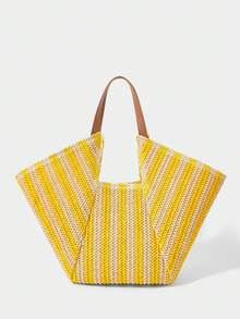 Boho Woven Straw Tote Bag, Large Capacity With Fringe And Striped/Smooth PU Handles For Beach, Vacation, Summer - Yellow - View 4
