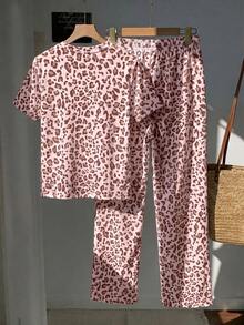 SHEIN EZwear 2pcs Set Embroidered Round Neck Short Sleeve Top And Striped Print Pants, Casual - Pink - View 2