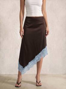 Sinnesro Dark Brown Summer Color-Blocked Midi Skirt,Elegant Date Night Vintage Style,Stylish High-End Vacation Commute Relaxed Fashionable Skirts ,Petite Women - Brown - View 7
