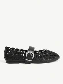 CUCCOO CHICEST Women's Hollow Embroidery, Buckle, Comfortable Flat Shoes - Black - View 3