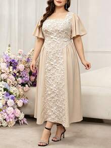 Modelyn Vestido elegante de mujer de talla grande con mangas de volantes y estampado jacquard, de estilo urbano y grácil, en color albaricoque - Albaricoque - Ver 6