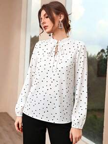 Modelyn Fashionable Youthful French Style Heart & Polka Dot Long Sleeve Stand Collar Ruffle Loose Slimming Versatile Women's Blouse - White - View 4