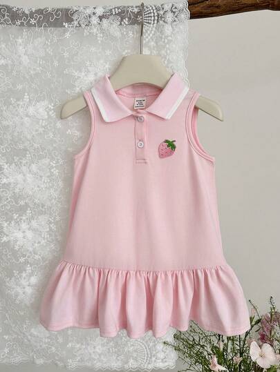 SHEIN Baby Girl Sleeveless Cute 3D Strawberry Polo Collar Pleated Loose Dress