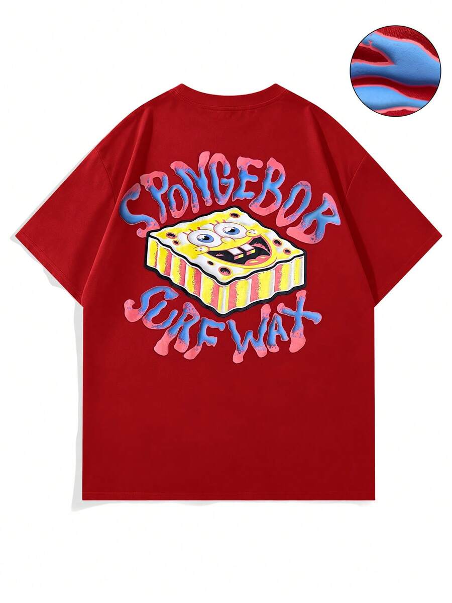 SpongeBob SquarePants | SHEIN Manfinity Hypemode 男士圓領短袖休閒可愛卡通印花T恤,夏季度假百搭 - 紅色 - 查看 1