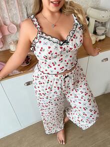 Slumberry CURVE Sweet Cherry Fruit Pattern Plus Size Camisole Pajama Set - Multicolor - View 4
