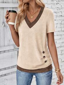 EMERY ROSE Women's Button Pleated V-Neck Contrast Color Short Sleeve T-Shirt, Suitable For Daily Commute - Multicolor - View 4