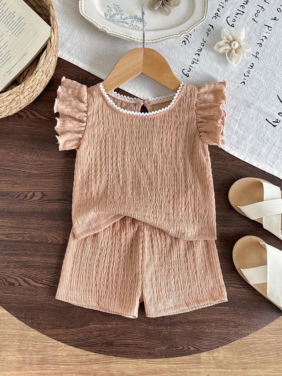 SHEIN 2pcs/Set Baju Bayi Perempuan Usia 0-3 Tahun, Kasual Manis untuk Aktivitas Sehari-hari, Lengan Pendek, Kaos dan Celana Pendek, Musim Semi/Panas - Aprikot - View 1