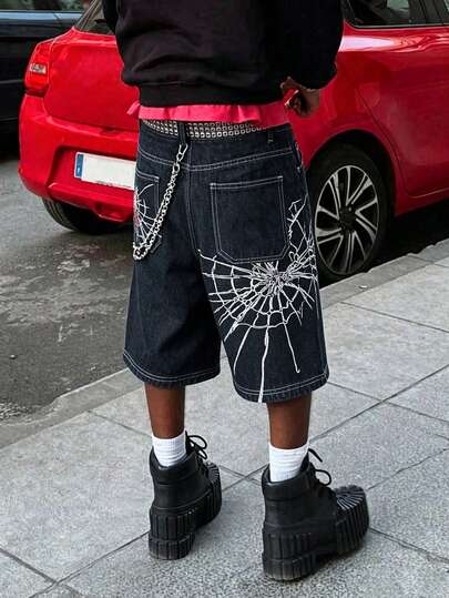 Manfinity EMRG Men's Casual Spider Web Embroidered Wide Leg Vintage Pockets Slim Fit Denim Bermuda Shorts