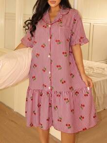 EasyFave Striped Cherry Print Short Sleeve Women Nightgown - Multicolor - View 1