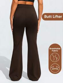 SHEIN Pantalones acampanados casuales y versátiles de unicolor con cintura ajustable para uso diario durante el embarazo - Café integral - Ver 2