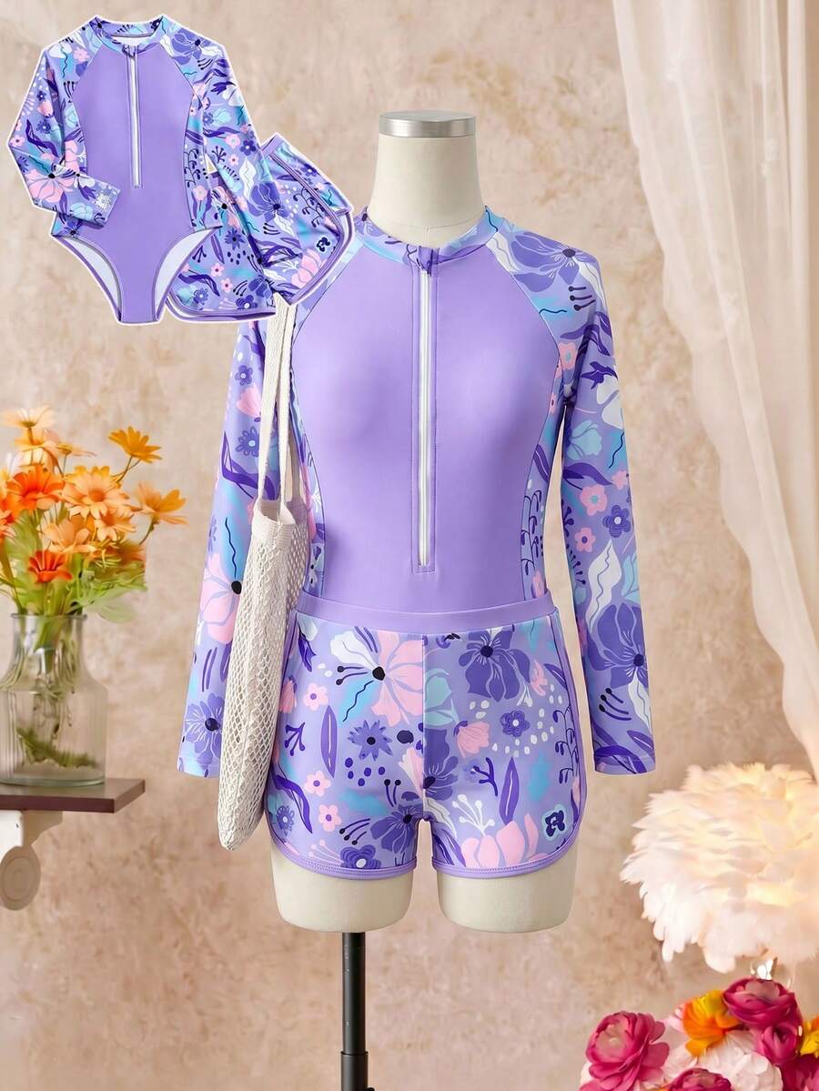 SHEIN Baju Renang Terusan Lengan Panjang Rashguard untuk Remaja Perempuan dengan Celana Pendek, Set 2 Potong Baju Renang Motif Bunga Ungu, Merah Muda, Musim Panas, Pantai, Liburan, Pakaian Liburan - Purple - View 1