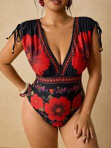 Travachic Plus Size Women's One-Piece Floral Print Swimsuit, Suitable For Beach Vacation Holiday, Pool Party, Summer Bathing Suits For Women - Red - View 6