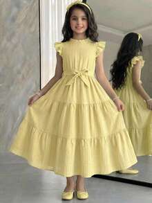 Tween Girls' Casual Vacation Elegant Fashion Solid Color Round Neck Ruffle Hem Fitted Dress, Spring/Summer - Yellow - View 1