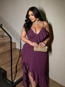 NU&NOW Plus Size Women Solid Color Spaghetti Strap High Slit Ruffle Hem Party Dress - Purple - View 1