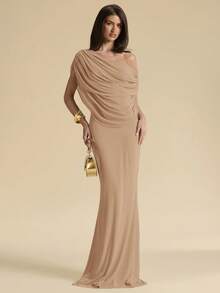 SHEIN BAE Khaki Off-Shoulder Ruched Fitted Elegant Dress, Tight Fitted Elegant Dress, Flowing Dress Dinner Date Summer - Khaki - View 2
