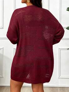 Elenzga Cardigan Panjang Wanita Ukuran Besar untuk Liburan & Perjalanan Santai, Warna Polos, Berongga, Musim Gugur/Dingin - Burgundy - View 2